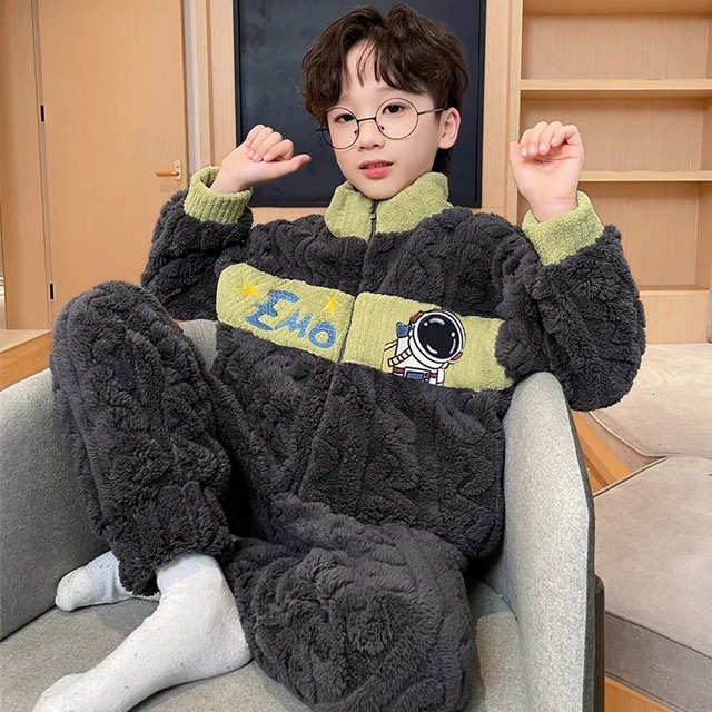 Pijamas gruesos de franela con forro polar para niños, Interior de forro polar grueso de terciopelo Coral para invierno, estilo con cremallera para uso doméstico