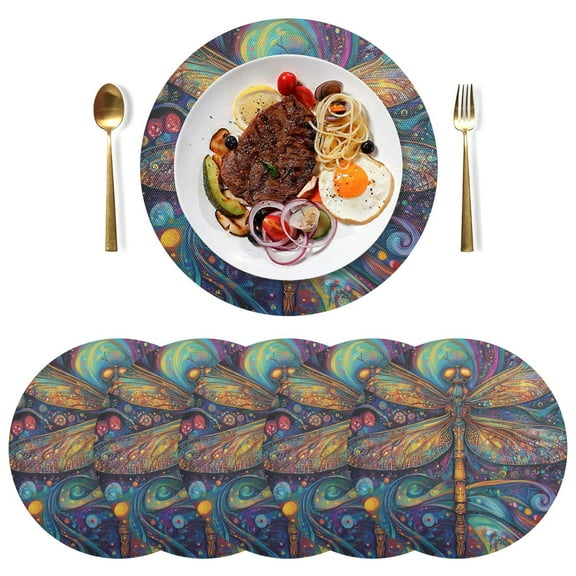 Qxltty 15inch Round Placemats Set of 6 Polyester Fabric Heat Resistant Washable Table Mat for Kitchen Party Decor Weird Style Dragonfly