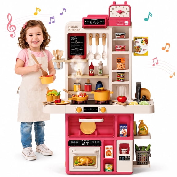 JoyStone 69PCS Kids Kitchen Playset,Play Kitchen Toy with Realistic Lights & Sounds,Pretend Steam, Play Sink & Oven, Menu Board & Other Kitchen Accessories Set for Toddlers