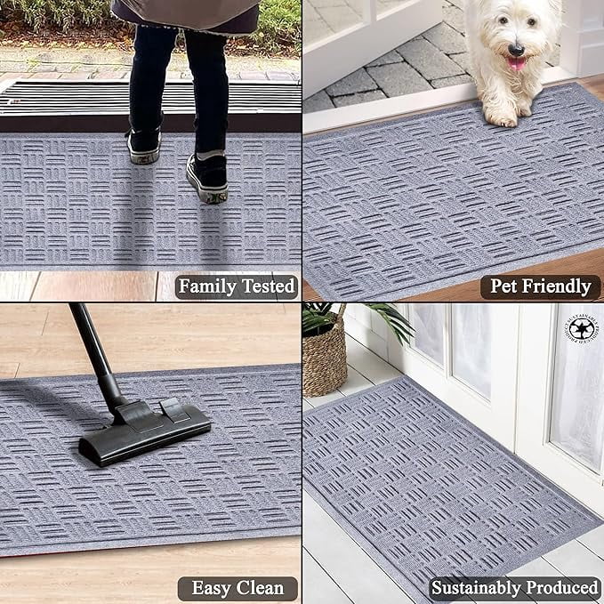 A1HC Indoor Outdoor Mat, Front and Back Entrance Welcome Mats, Front Door Patio Mats 24x36 Inches, Non-Slip Easy Clean Entrance Washable Large Size Doormats, Light Grey