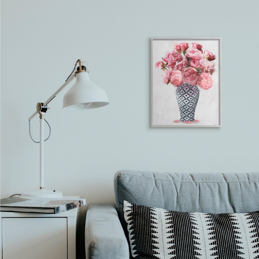 Stupell Industries Elegant Pink Peony Floral Bouquet in Vase Framed Wall Art Design by Ziwei Li, 16" x 20", Gray Framed