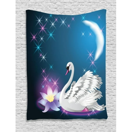 Slant Star - Swan Tapestry, Magic Lily and Fairy Swan at Night Swimming in Lake under Moon and Stars Picture Art, Wall Hanging for Bedroom Living Room Dorm Decor, Blue White, by Ambesonne