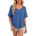 thumbnail image 2 of Womens Summer V Neck T Shirts Casual Short Sleeve Flowy Tops Cute Loose Fit Basic Tees Blue XL, 2 of 8