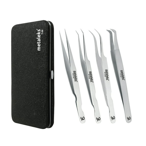 4PCS - 12CM Matt Finish Eyelash Extension Tweezers With Black Glitter Magnetic Kit - Made of Japanese Stainless Steel