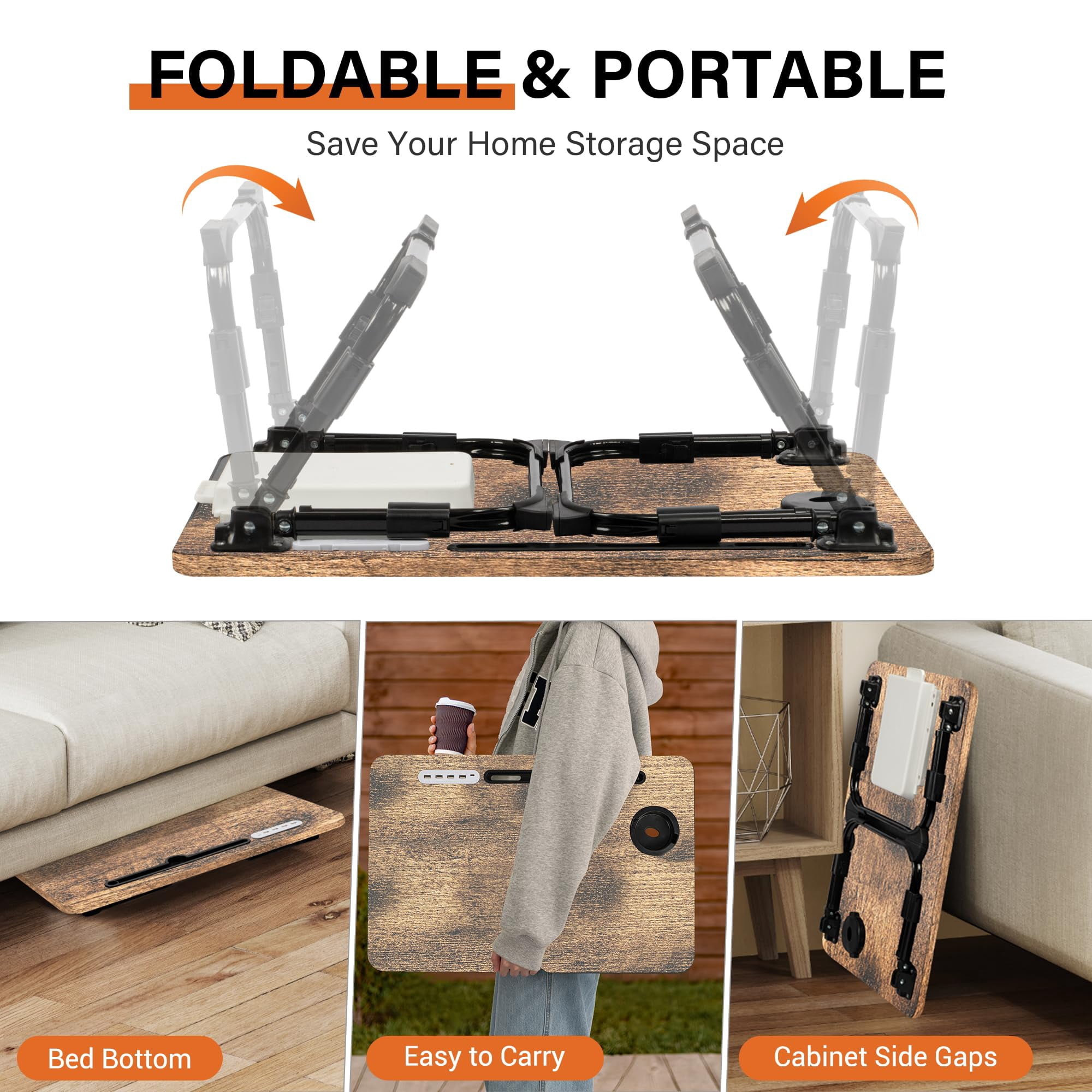 Laptop Desk For Bed Height Adjustable  Lap Table With Usb/storage Drawer/cup Holder/tablet Stand/book Shelf Foldable Breakfast Tray Portable Reading Writing Sofa & Floor Carbonized