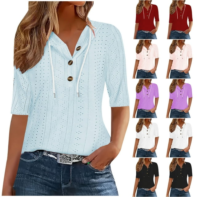 SYVGVA Blouse d'Été pour Femmes, Haut Grande Taille, T-shirt à Capuche à Manches Courtes, Col Rond, Fermeture Éclair, Fin, Décontracté, Bleu Clair, P
