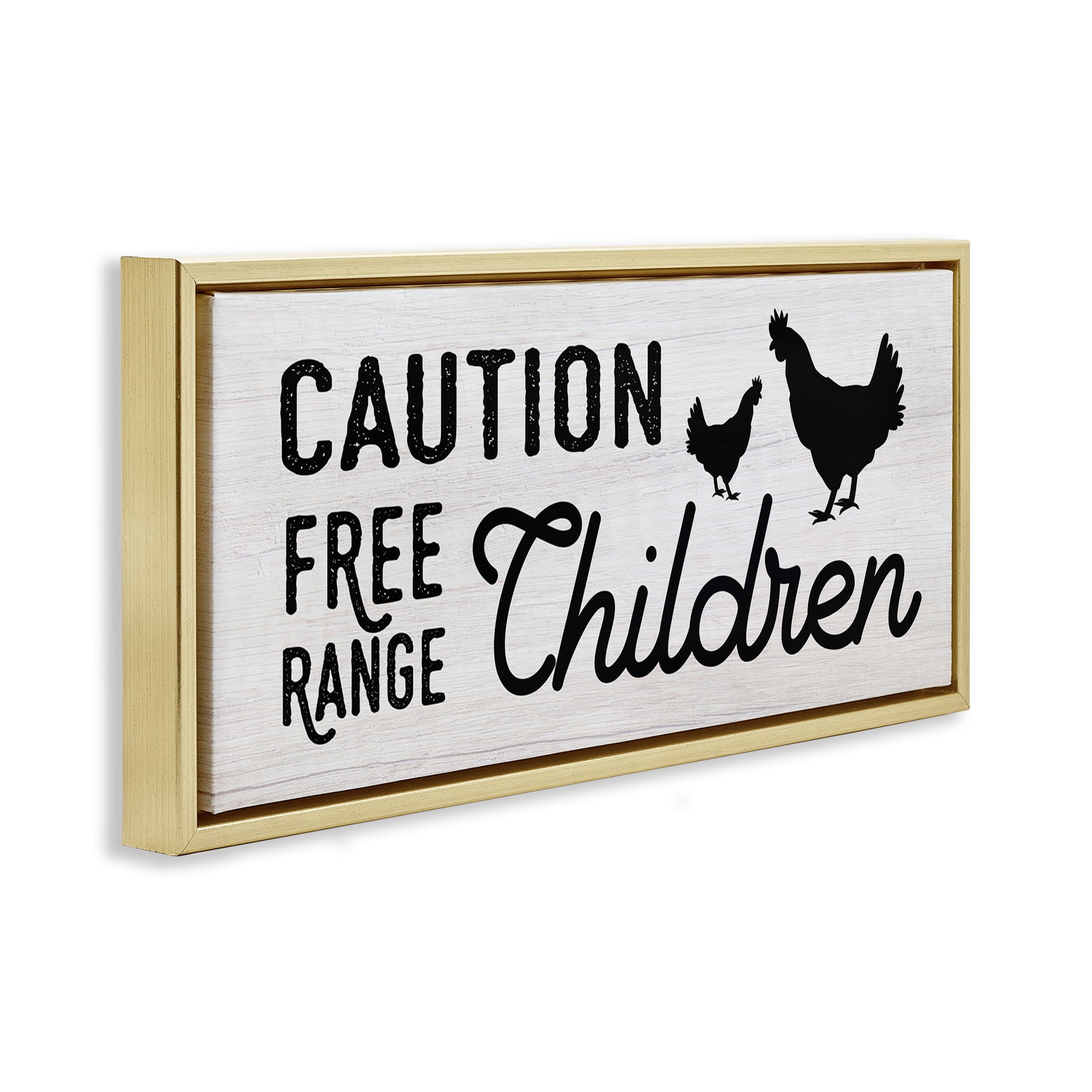 Stupell Industries Caution Free Range Children Animals & Insects Painting Gold Floater Framed Canvas Art Print Wall Art, 25 x 11