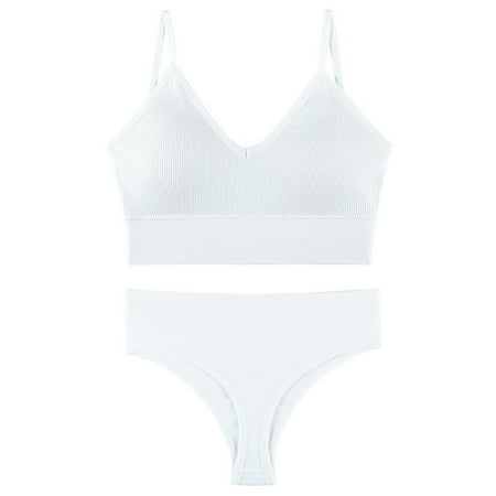 

Women Wheel-Free Bra and Thong Set Rib Underwear High Cut Panties Solid Color Push-up Camisole for Daily Sports No Trace Girl s Underwear M White