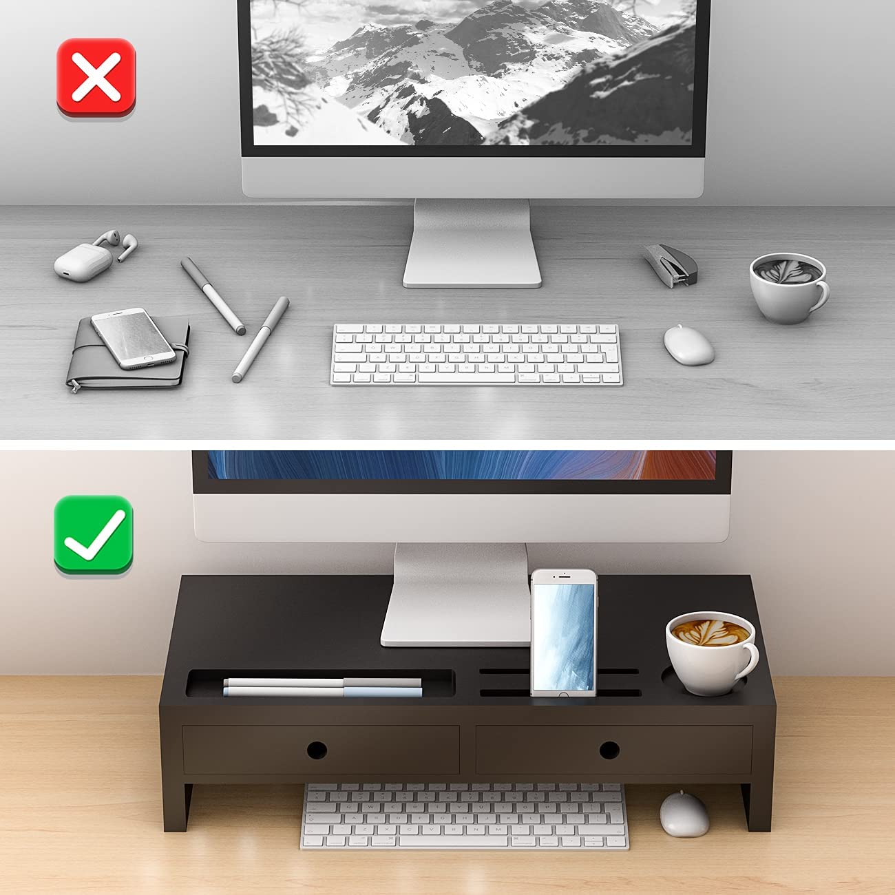 Bambloom Monitor Riser with 2 Drawers,Black Wood Monitor Stand for Computer, Laptop, Printer,Tv