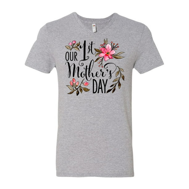 INKtastic - Our First Mother's Day- pink flowers Men's V-Neck T-Shirt ...