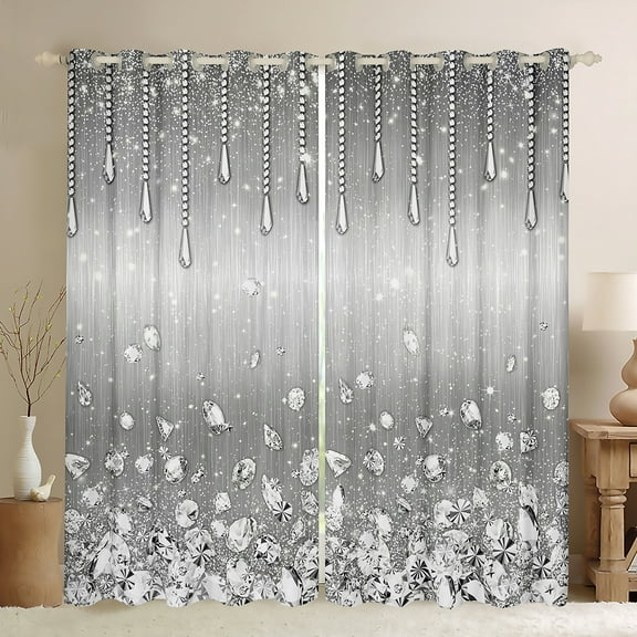 Homewish Chic Diamond Black Out Curtains,Glitter Print Curtains Pack of 2 (42x63 Each),Gray Silver Bedroom Curtains For Girls Kids,Super Cozy Room Decor