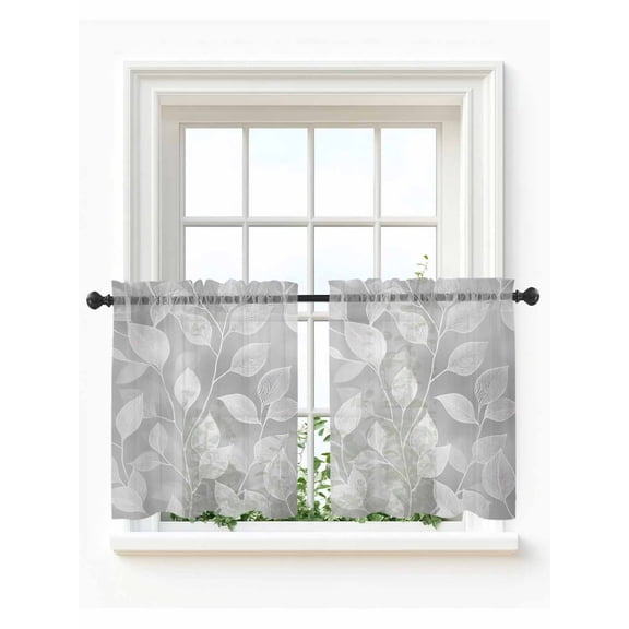 Silver Gray Leaves Tier Curtains 36 Inch Length,Sheer Curtains for Bedroom Living Room Window Vintage Abstract Branch Botanical Rod Pocket Drapes Kitchen Curtains Small Half Window 27.5"x36" 2 Panels