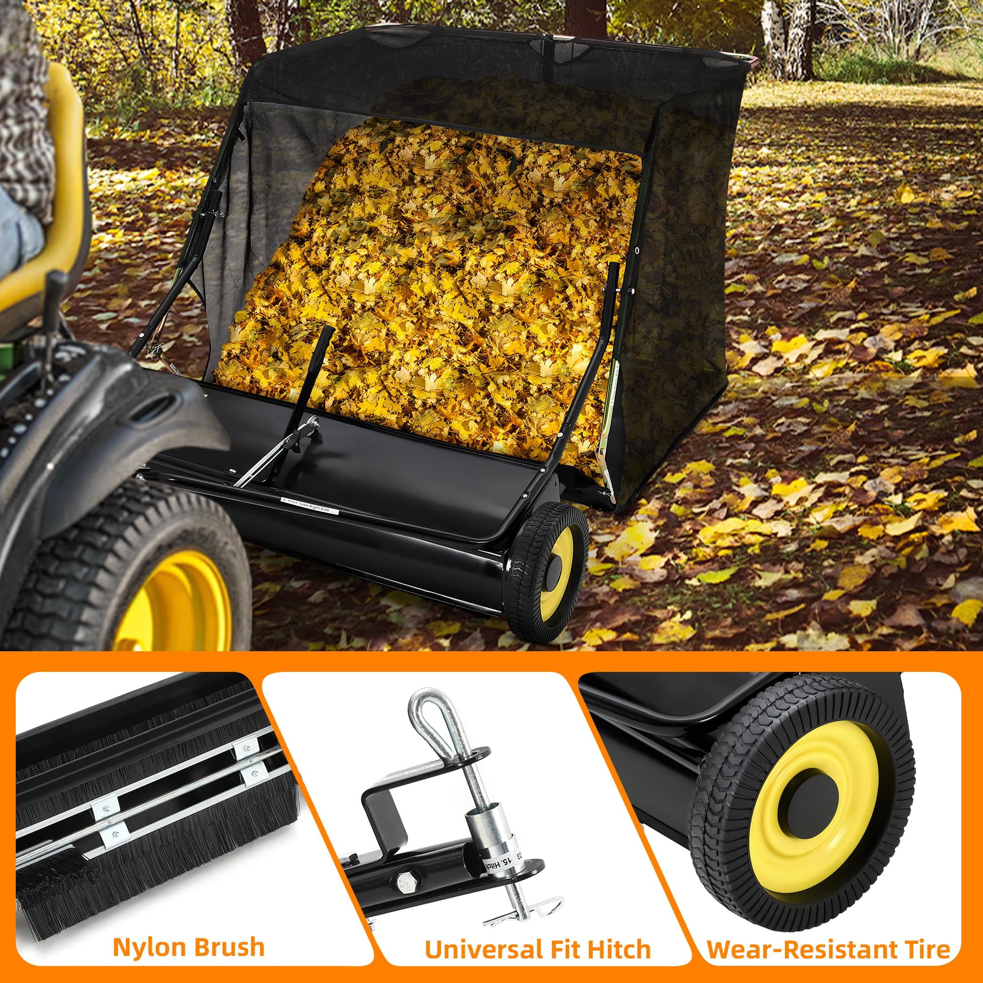 Tow Behind Lawn Sweeper, 50" Pull Behind Collector – Large Capacity Leaf & Grass Collector with Adjustable Height, Dumping Rope Design for Debris and Lawn Clippings