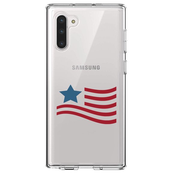 DistinctInk Clear Shockproof Hybrid Case for Samsung Galaxy Note 10 (6.3" Screen) - TPU Bumper Acrylic Back Tempered Glass Screen Protector - USA Waving Flag Red White & Blue