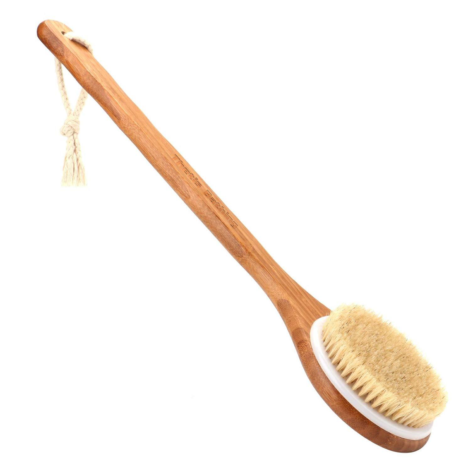 Body Brush with Long Bamboo Handle Natural Bristle, Back Scrubber for