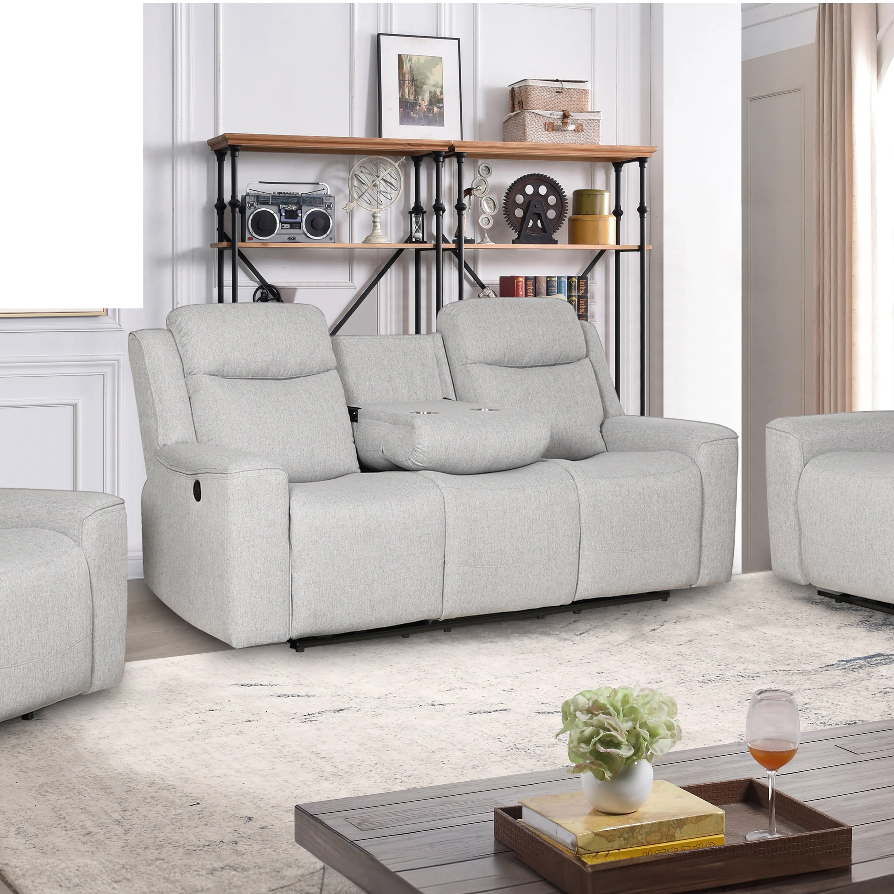 Amelia Collection Contemporary Upholstered Recliner Sofa with Dropdown Console and Cup Holders, White