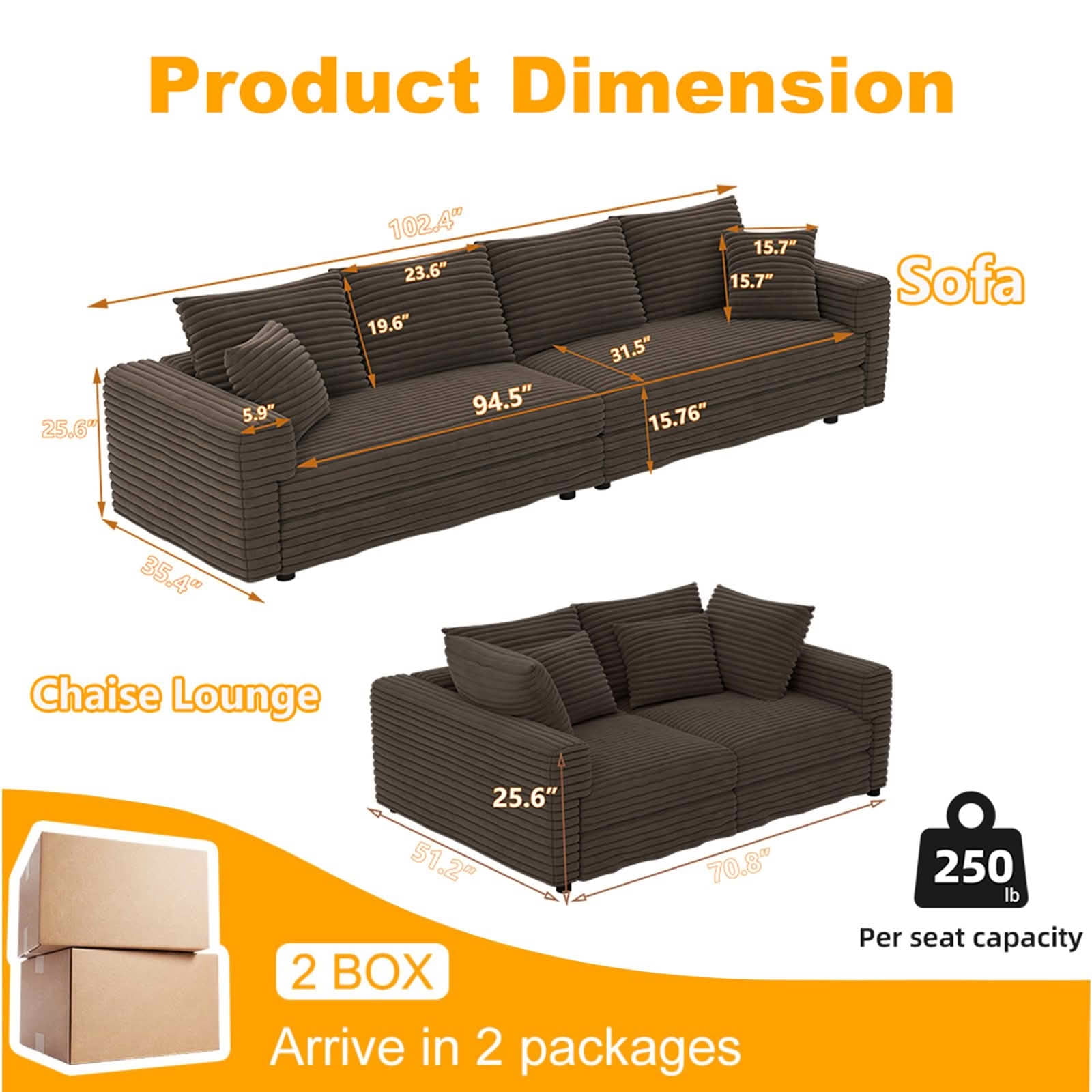MAYEERTY 102.4" Plush Corduroy 4‑Seat Cloud Sofa, Modern Comfy Upholstered Deep Seat Couch with Soft Pillows, Convertible Sofa Lounge Chair for Living Room Bedroom