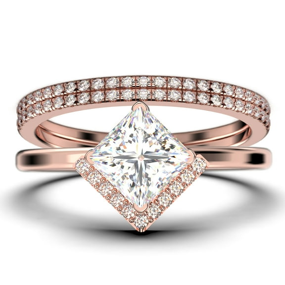 Boho & hippie 2.50 Carat Princess Cut Diamond Moissanite Dainty Engagement Ring, Classic Wedding Ring, Two Matching Band in 10k Solid Rose Gold, Gift For Her, Promise Ring, Trio Set