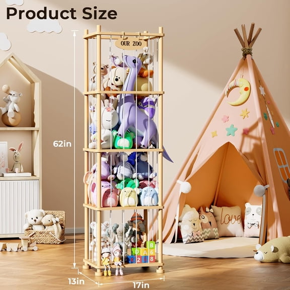 Stuffed Animal Storage Organizer, Solid Pine Wood Toy Storage Rack with Removable Shelves, Large Stuffed Animal Holder for Kids Room, Nursery, Playroom, Sort Plush Toys by Size, Color, or Type