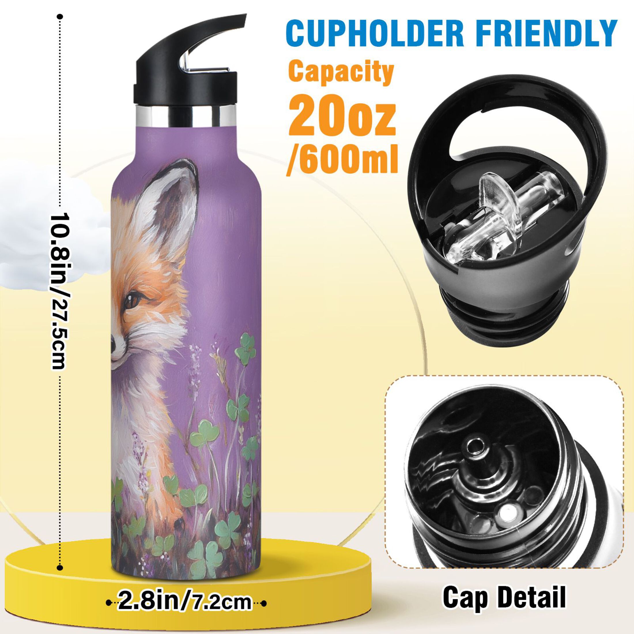 600ML Stainless Steel Insulated Cup Sports Water Bottle Portable Thermos Cup Water Glasses Insulated Tumblers Convenient and Durable Four-leaf Clover Fox