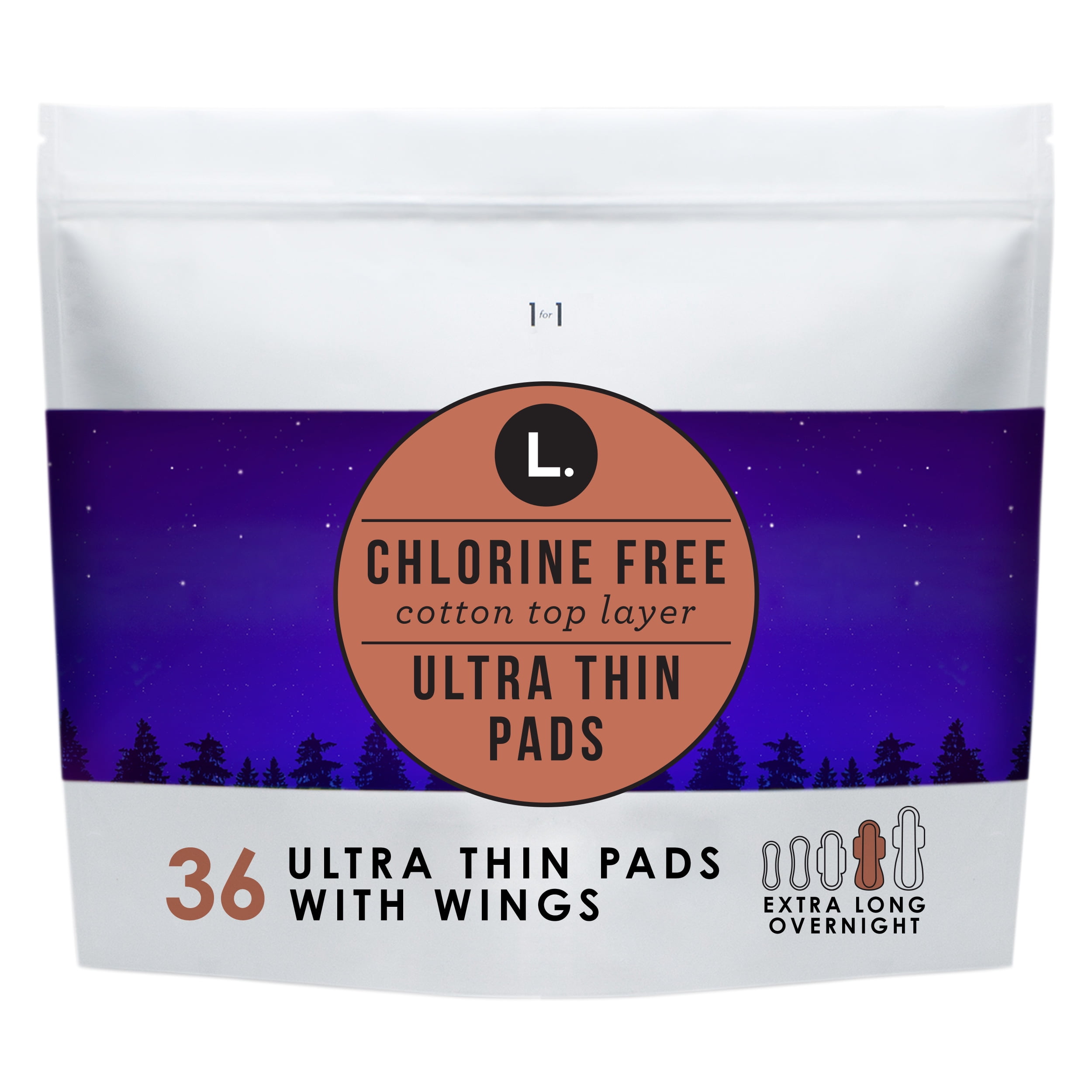 L. Chlorine Free Ultra Thin Overnight Absorbency Pads with Wings, 36 ct