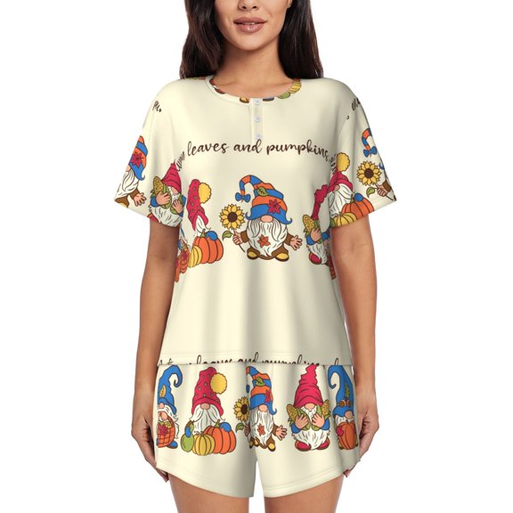 Logiee Autumn Gnomes1 Print Womens Pajamas Set,Short-Sleeve Pajama 2 Piece Sleepwear with Pockets-Small