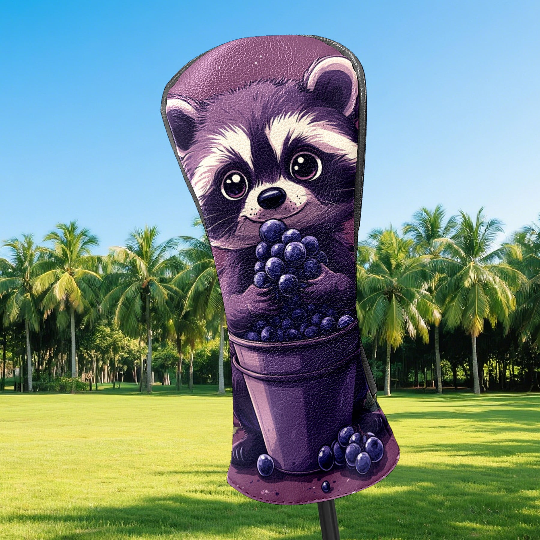 Golf Club Covers PU Leather Waterproof Head Covers for Fairway Woods Hybrids Cartoon Raccoon
