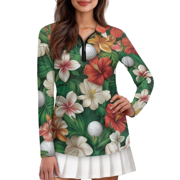Garronmavis Hawaiian Flower Golf Shirt Women Quarter Zip Size S Long Sleeve Tennis Shirt Casual Collar Shirts Sports Workout Tops Hawaiian Golf Shirts for Women