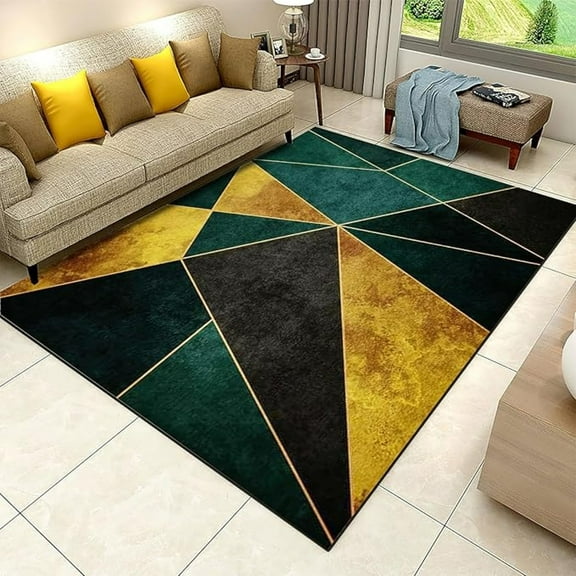 Emerald Green Gold Marble Area Rug, Luxury Black Gold Geometric Non Slip Living Room Rugs, Easy Care Durable Carpet For Indoor Bedroom Office Decor Mat 1x2ft