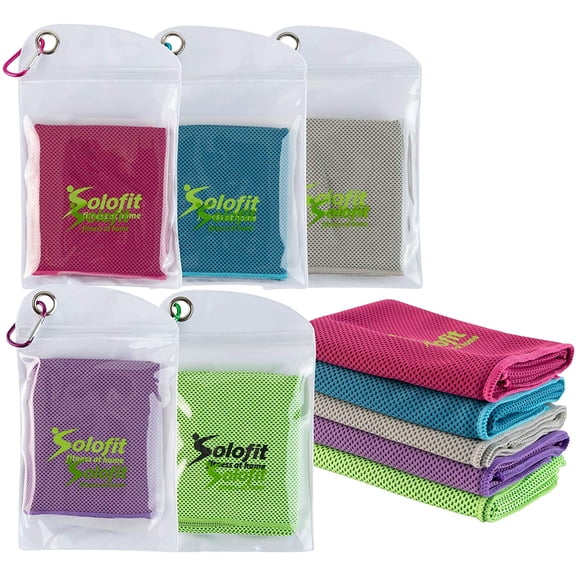 Solofit Cooling Towel (Set of 5) Ice Towel for Gym, Fitness, Golf, Yoga, Camping, Hiking, Workout, Soccer, Running, Sports, Beach –Soft & Breathable Microfiber Chilly Towels for Instant Cooling Relief