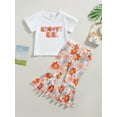 thumbnail image 2 of Bagilaanoe 2pcs Toddler Baby Girl Long Pants Set Letter Print Short Sleeve T-shirt Tops + Floral Flare Trousers 6M 12M 24M 3T 4T 5T Kids Casual Outfits, 2 of 9