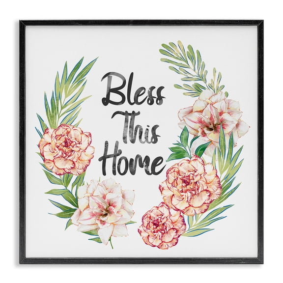 Stupell Industries Cottage Bless This Home Saying Coral Pink Floral Arrangement Black Framed Giclee Art, 17 x 17, by Ziwei Li