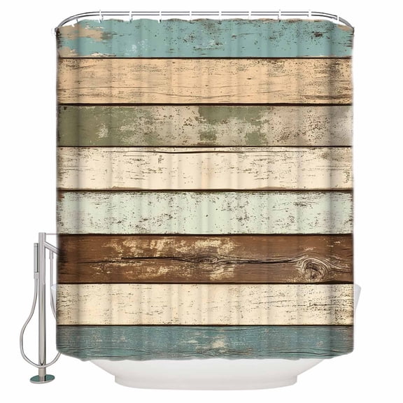 Small Stall Shower Curtain 48x72 Inch Narrow Half Size Farmhouse Teal Brown Bath Curtains Bathroom Decor Country Ombre Wooden Waterproof Fabric Shower Curtain Set with Hooks 48 Inch