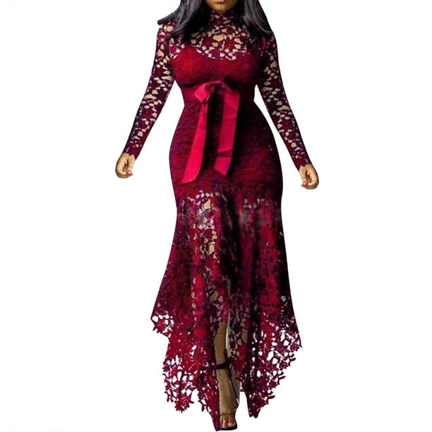 Gibobby Vestido largo de playa de verano para mujer Vestido maxi asimétrico con cordones huecos para mujer Vestido de fiesta de encaje sexy Vestido de noche(Rojo,M)