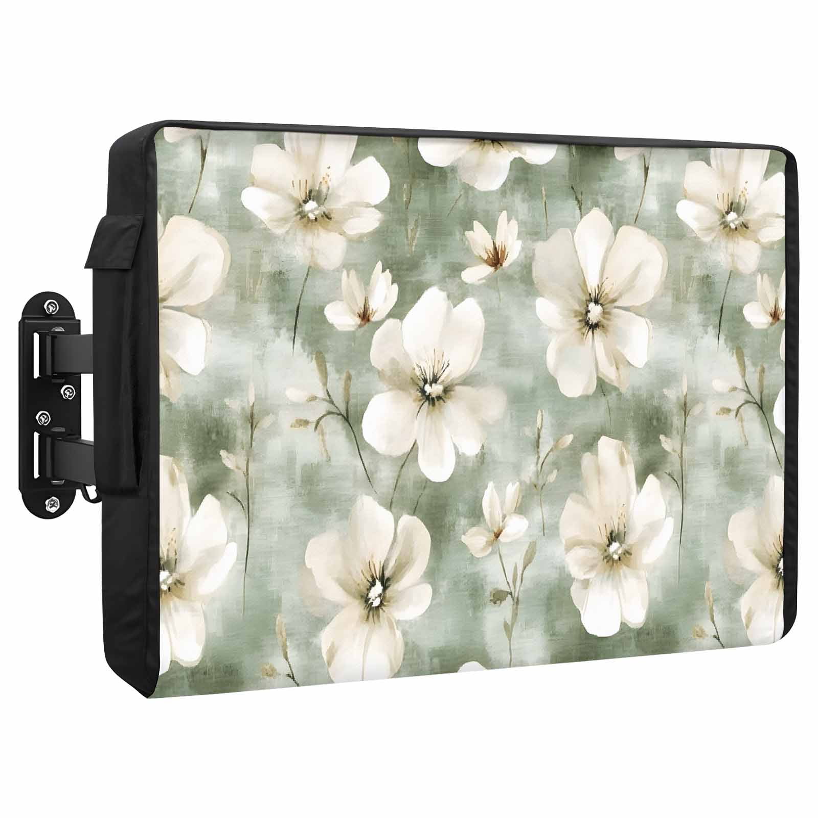 Vintage Magnolia Outdoor TV Cover 60 to 65 Inch White Blooming Flower Green Oil Painting Weatherproof and Waterproof TV Cover Heavy Duty Outside Flat TV Screen Protector with Remote Control Pocket
