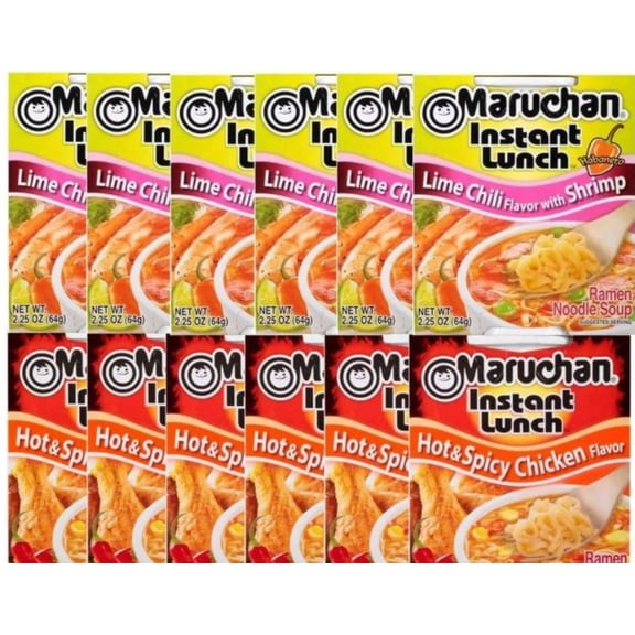 Maruchan Ramen Instant Cup Noodles 12 Count - 6 Hot & Spicy Chicken Flavor & 6 Lime Chili Shrimp Flavor Lunch / Dinner Variety, 2 Flavors by LRB