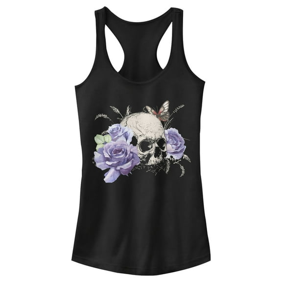 Junior's Lost Gods Flower Skull  Racerback Tank Top Black Large