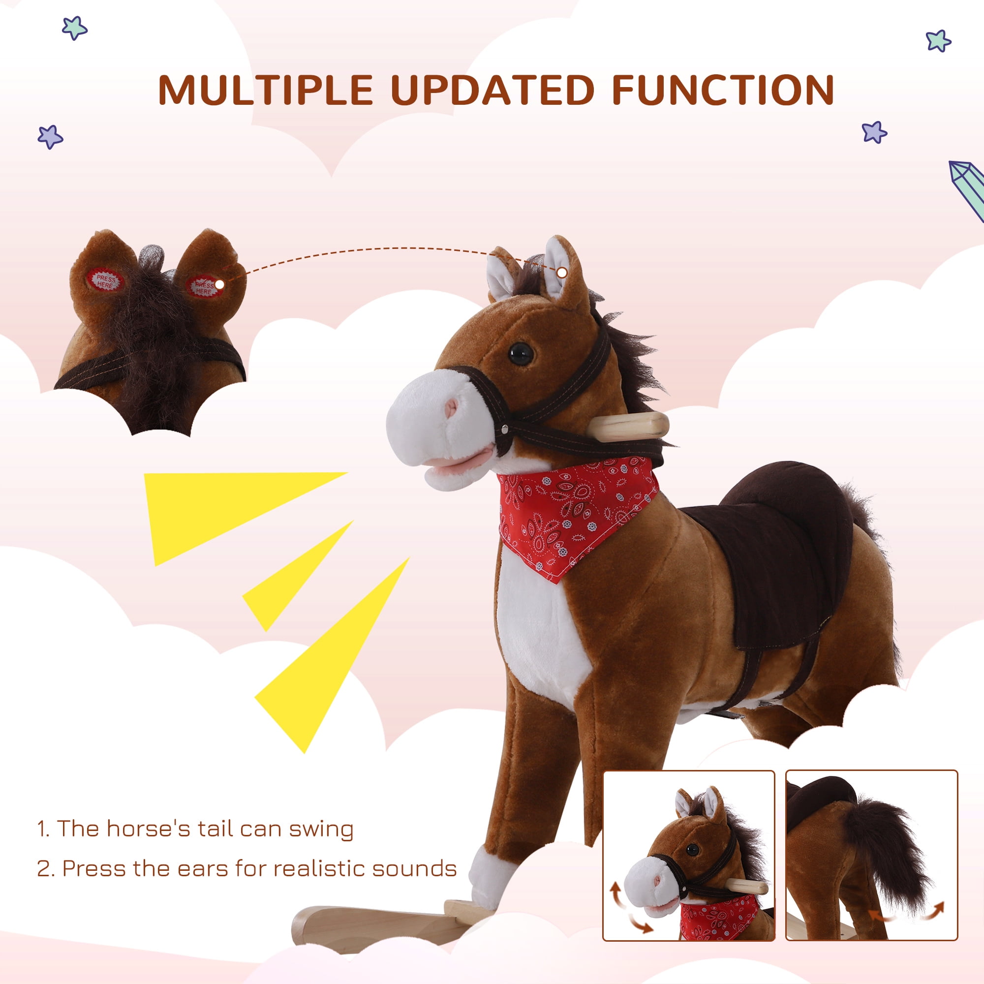 Qaba Kids Ride On Rocking Horse Plush Toy with Realistic Sounds and Red Scarf for Over 3 Years Old Birth Gift,Brown Plush Toys Kids Bikes Riding Toys