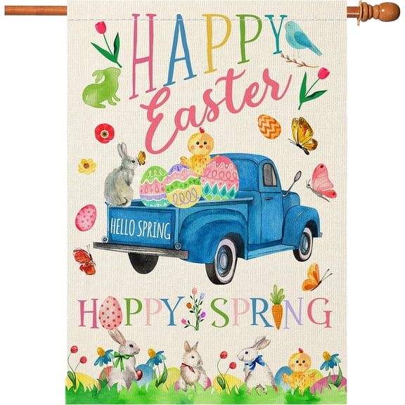 Easter Flags 28 x 40 Double Sided,Hello Spring Easter House Flag Lagre Burlap Easter Flag with Bunny for Outside Vertical Holiday Yard Décor Easter Garden Flag