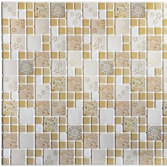 Dundee Deco's Beige Yellow Faux Victorian Medallions PVC 3D Wall Panel, 3.1 ft X 1.6 ft, Interior Design Wall Paneling Decor Commercial and Residential Application, 4.96 sq. feet each, Pack of 5