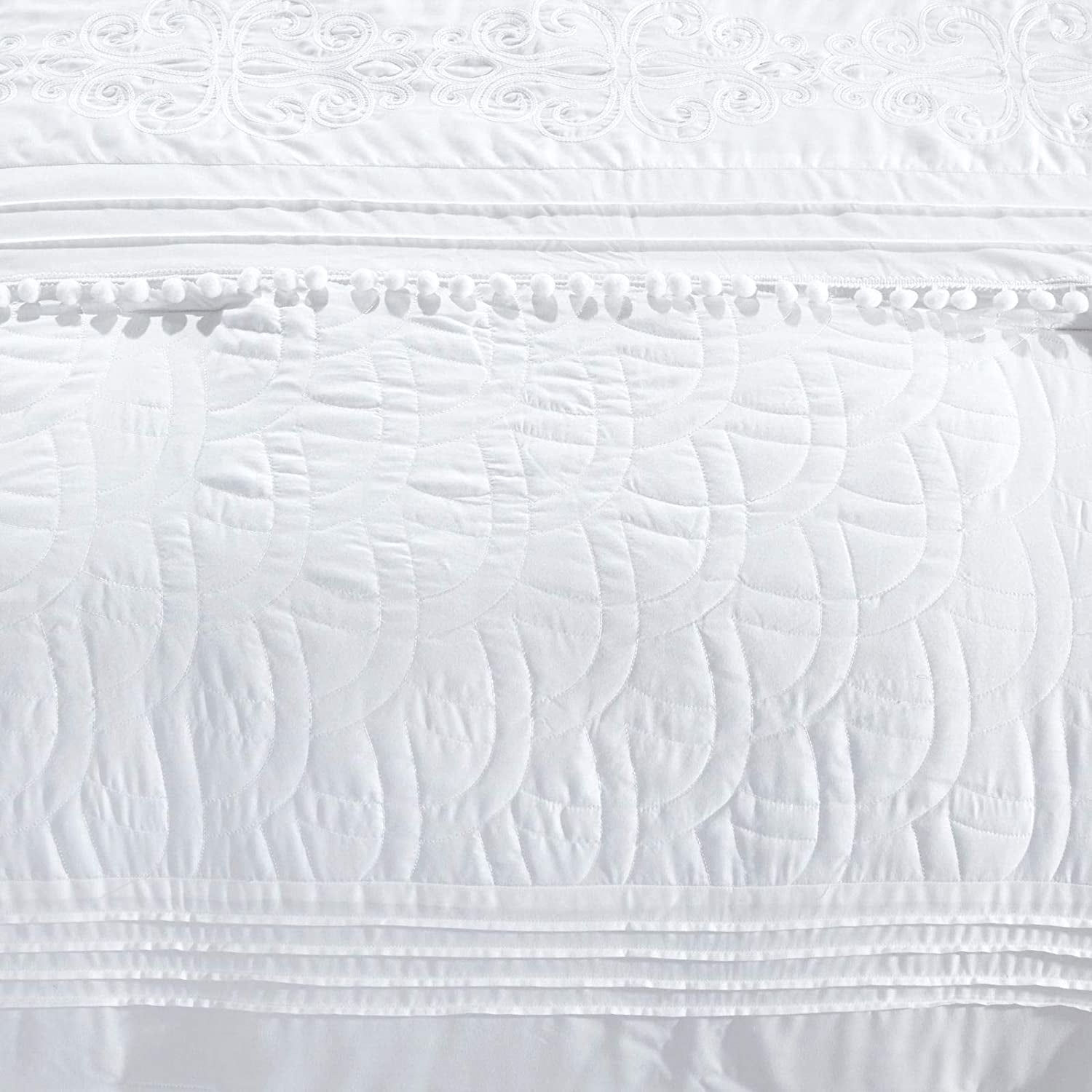 Chezmoi Collection 7-Piece Graceful White Floral Chenille Pom Pom Embroidery Comforter Set, Full