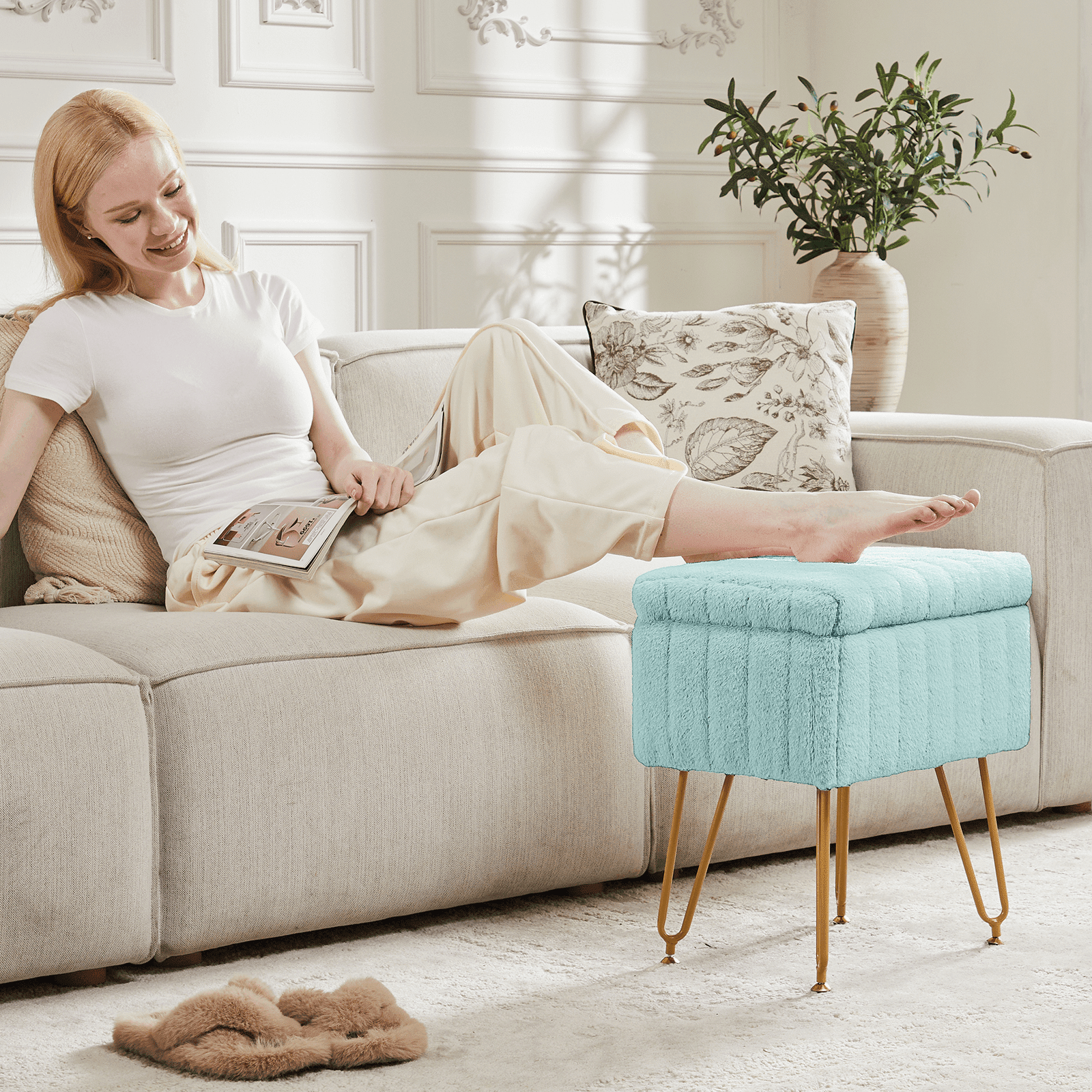 ZUNMOS Ottoman Vanity Stool Chair, with Storage, Modern Style Faux Fur Seat with 4 Metal Legs & Non-slip Feet for Living Room, Bedroom, Mint Green
