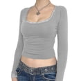 thumbnail image 2 of Fortune Hauts Courts en Dentelle pour Femmes Col Carré Manches Longues Printemps Automne Coupe Slim Crop Top, 2 of 5