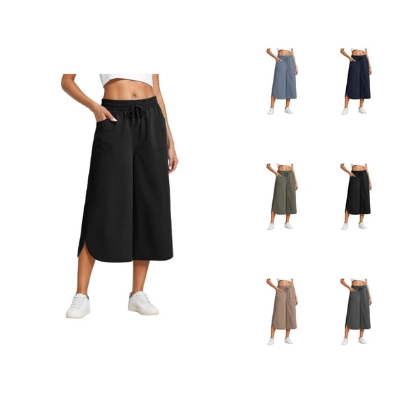 Palazzo Capri Pants for Women Spring Summer Elastic Waist Wide Leg Loose Fit Flowy Cropped Pants Capris with Pockets
