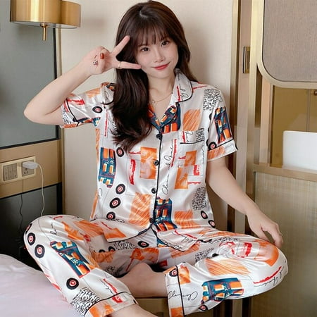 

CoCopeaunt Womens Silk Pajamas Autumn Womens Sexy Ice Silk Pajamas Womens Silk Satin Home Wear Loose Casual Two-piece Fashion Pajamas