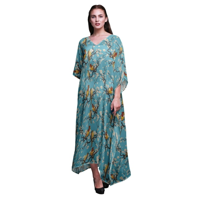 Bimba Caftan pour Femmes avec Oiseaux, Tenue d'Intérieur de Vacances, Robe Maxi, Couvre-Maillot de Plage - TG-3X Bleu Turquoise