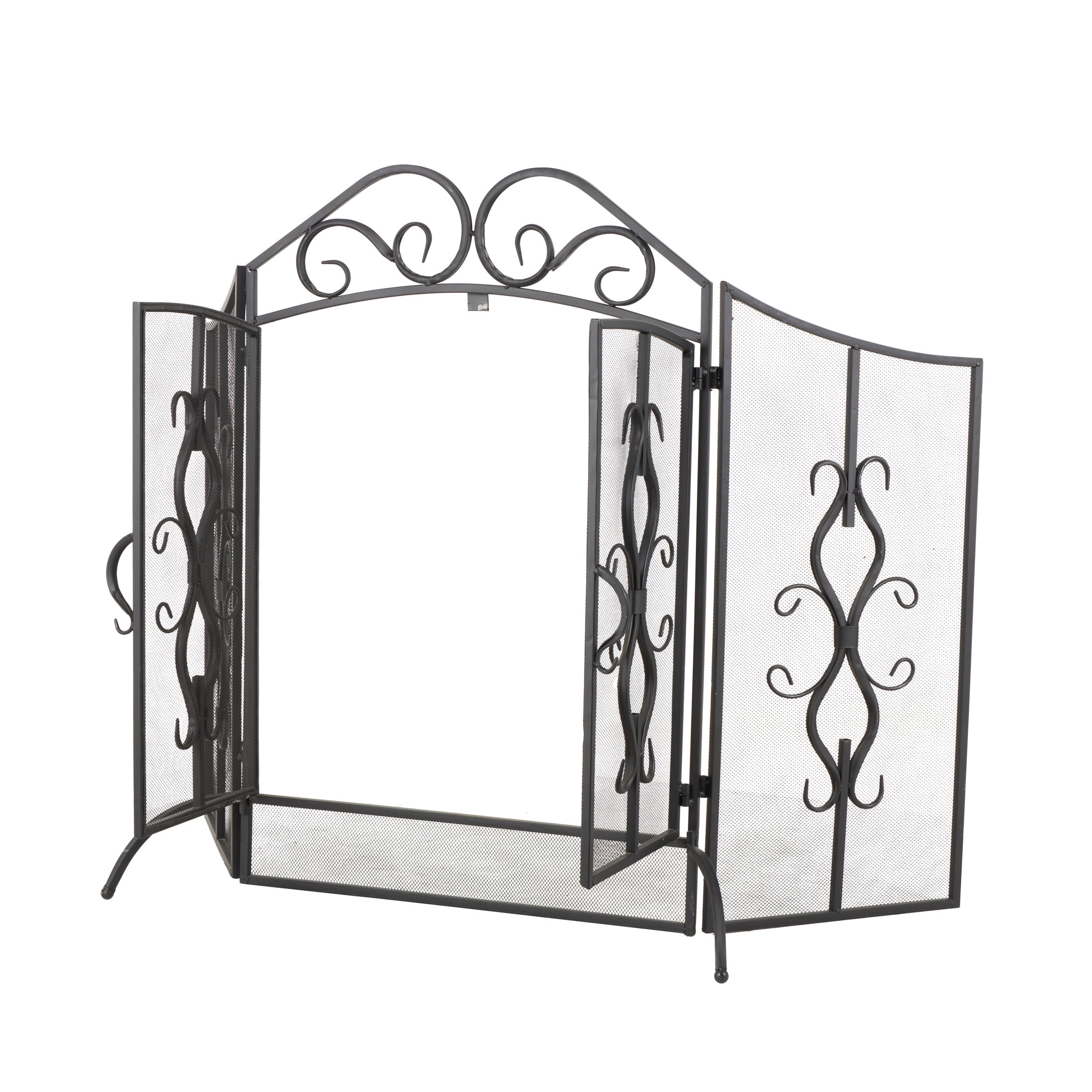 DecMode Gray Traditional Metal 3 Panel Foldable Fireplace Screen with Mesh Netting, 52"W x 35"H