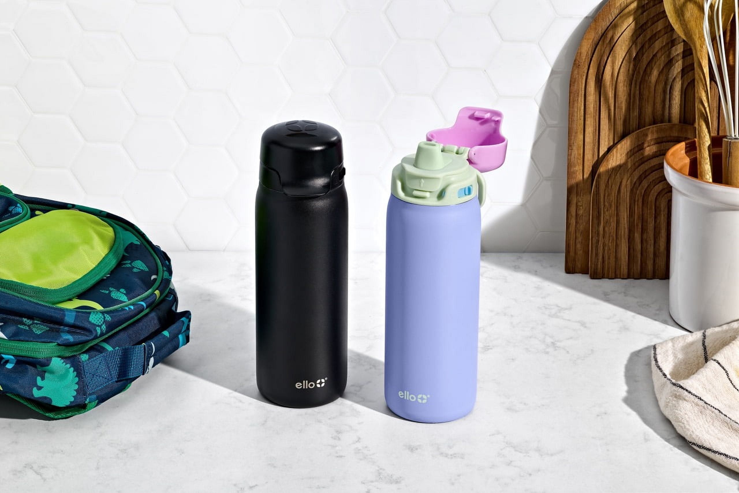 Ello 18 oz Flip & Fill Black Stainless Steel Water Bottle, Purple