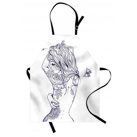 Tattoo Apron Sexy Woman with Floral Butterfly Beauty Leaves Botanical Figures on Her Back, Unisex Kitchen Bib Apron with Adjustable Neck for Cooking Baking Gardening, Dark Purple White, by