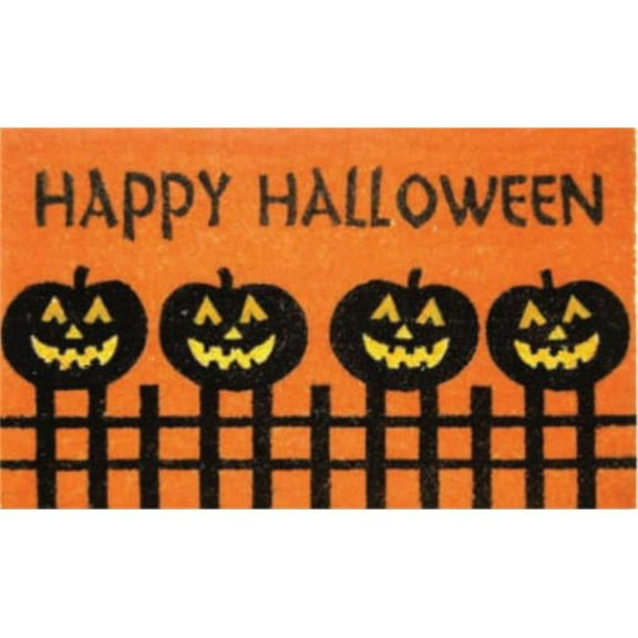 Geo Crafts G382 18 x 30 in. Coir Halloween Pumpkins On Fence Design Welcome Doormat